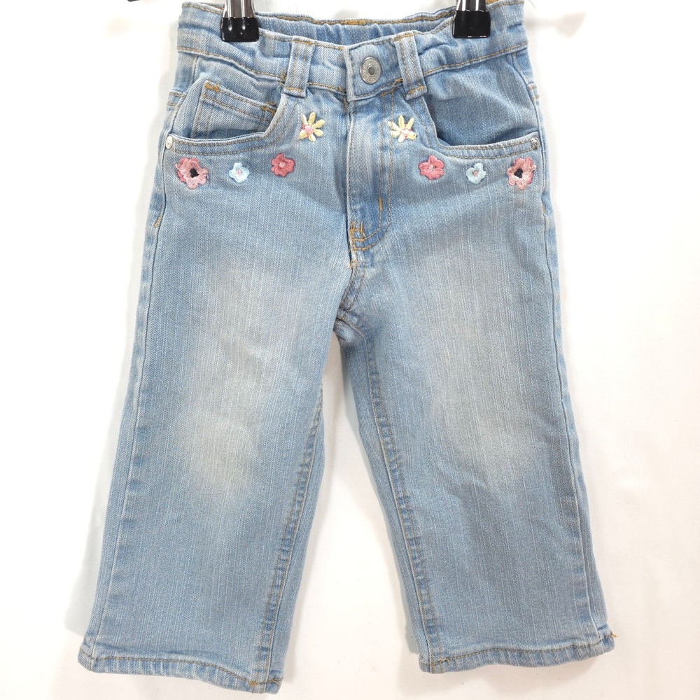 Jessica Simpson Embroidered Floral Jeans Girls 2T Lt Wash Adjustable Waist Blue‎